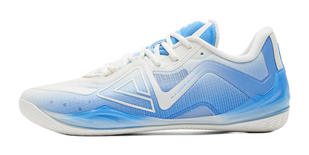 White and blue basketball shoe with lace-up front and angular logo overlays