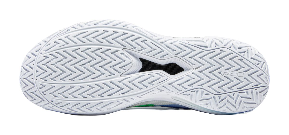 White basketball shoe outsole with textured traction pattern and zigzag grooves