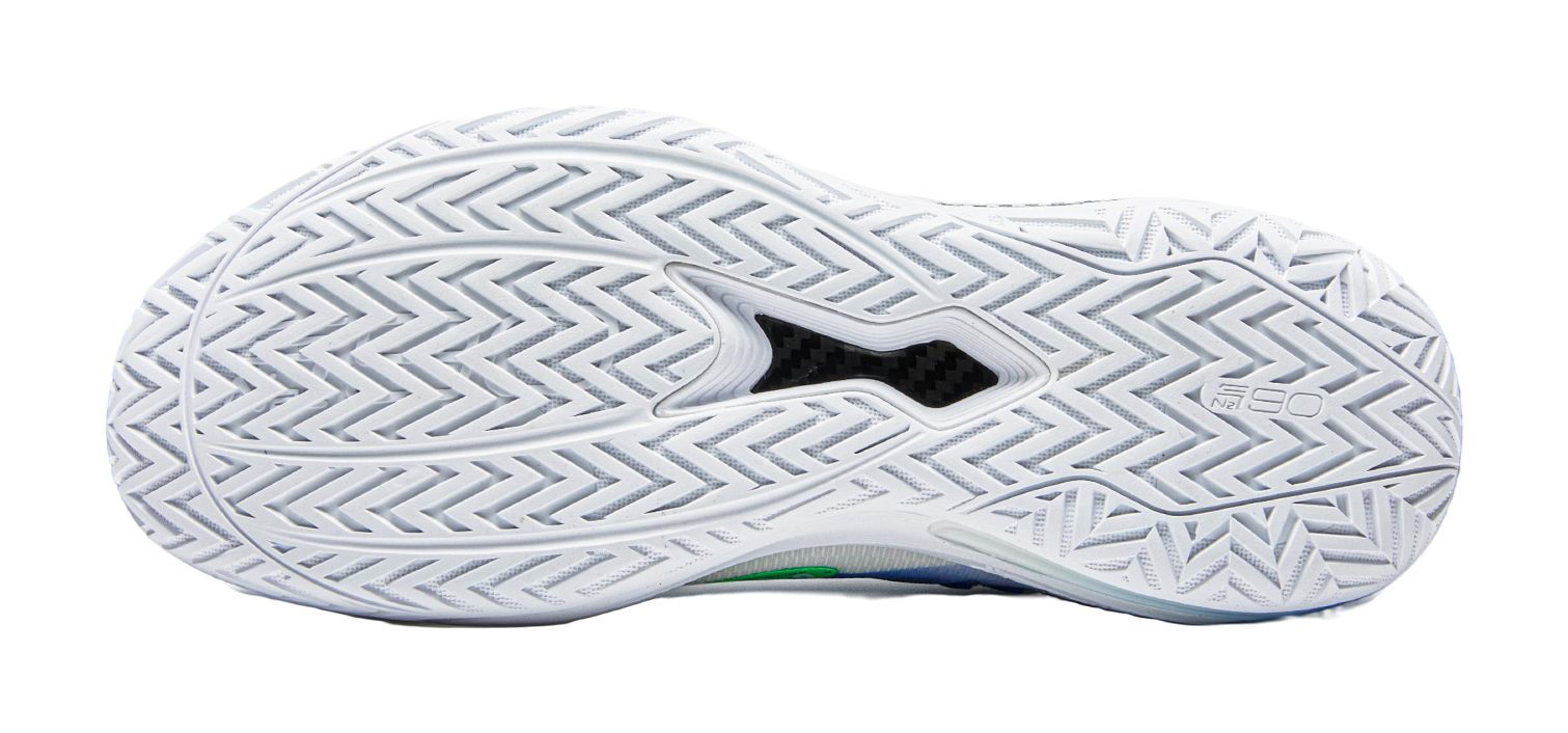 White basketball shoe outsole with textured traction pattern and zigzag grooves