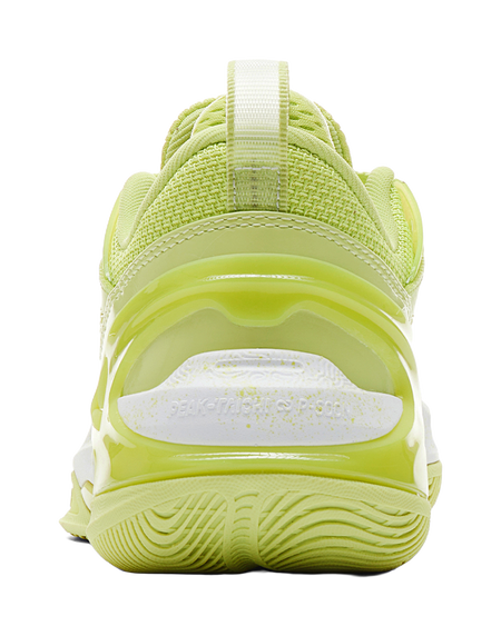 Light acid green basketball shoe heel view with padded back and textured cushioning sole
