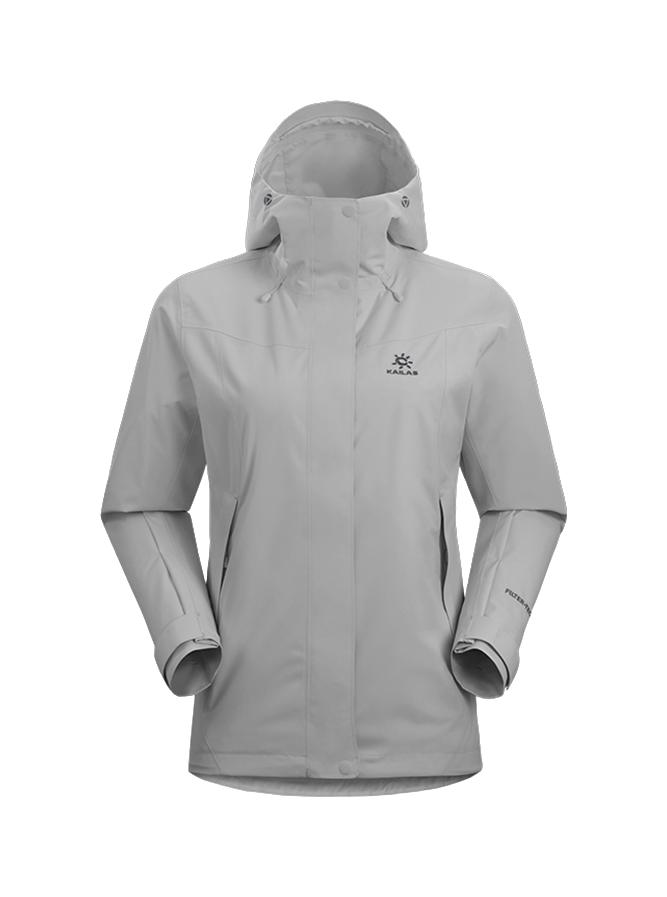 Women's light gray windbreaker jacket with adjustable hood, zip front, and side pockets.