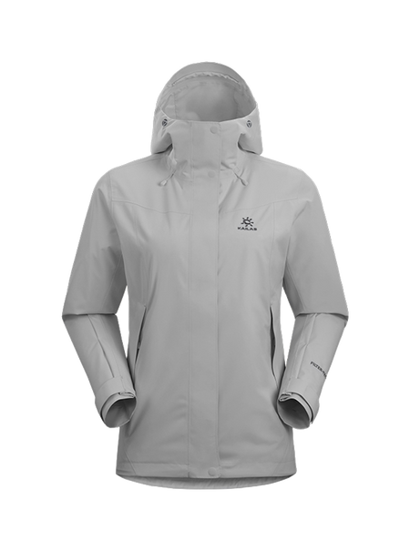 Women's light gray windbreaker jacket with adjustable hood, zip front, and side pockets.