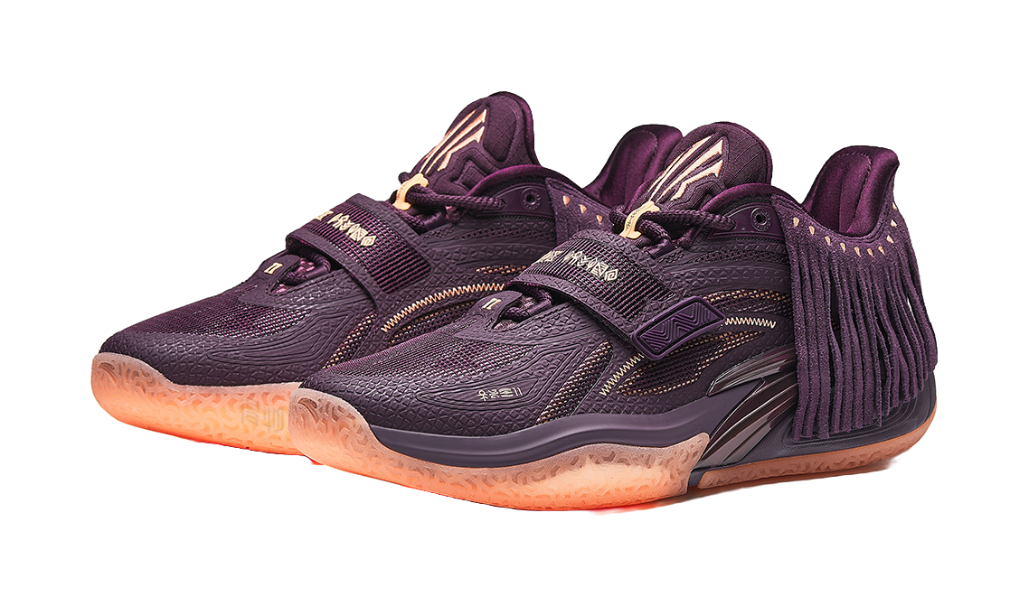 Purple basketball shoe pair front angled, fringe tongues and lace-up with gold details
