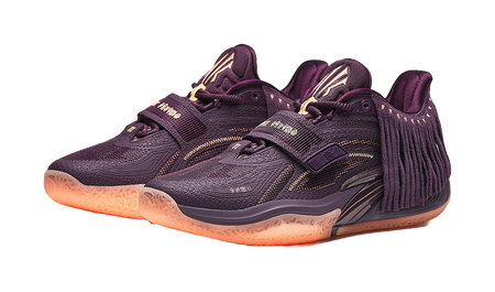 Purple basketball shoe pair front angled, fringe tongues and lace-up with gold details