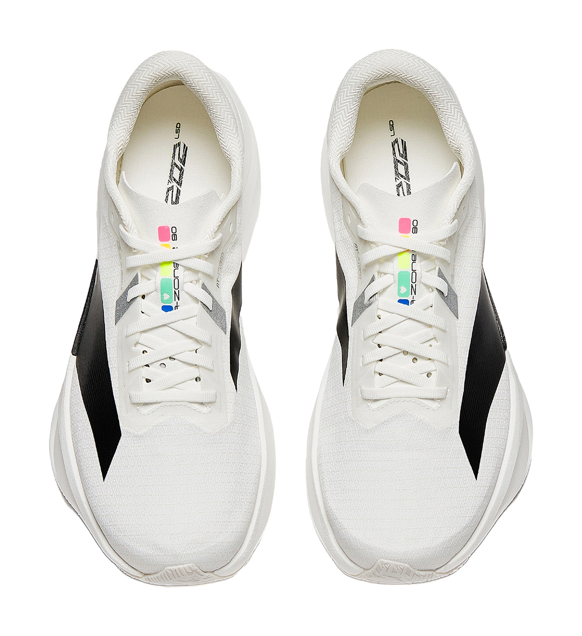 White lace-up running shoes with black side accent and colorful tongue logo.