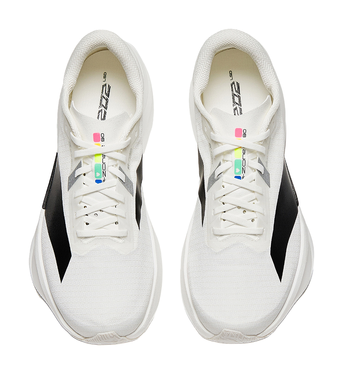 White lace-up running shoes with black side accent and colorful tongue logo.