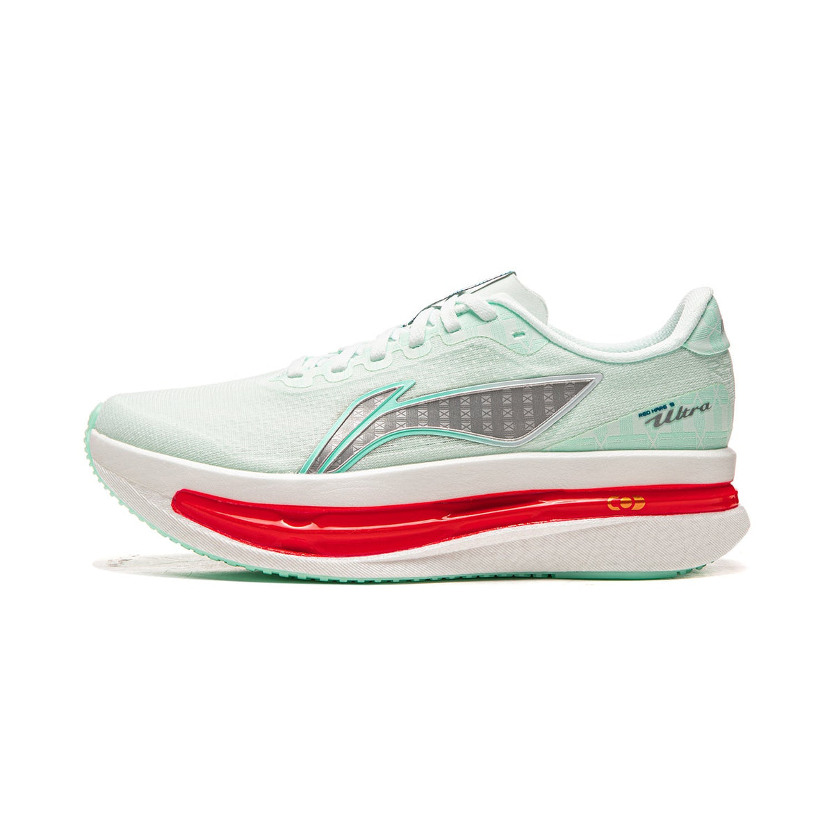 Women's running shoe, ice blue knit upper, teal accents, red midsole