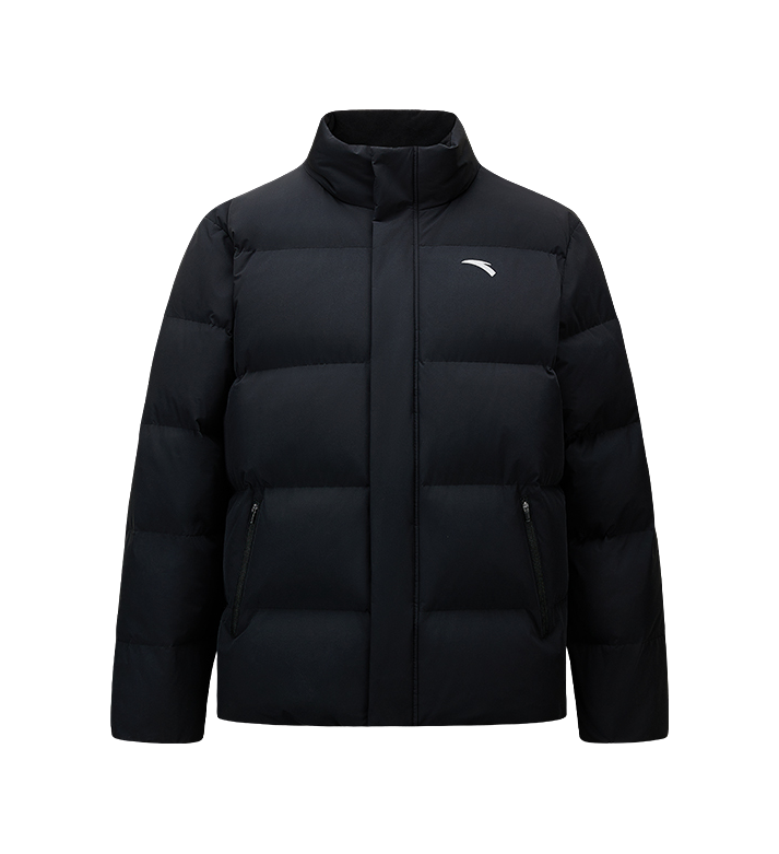 Men's black puffer down jacket with zip front and stand collar, long sleeves