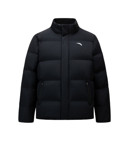 Men's black puffer down jacket with zip front and stand collar, long sleeves