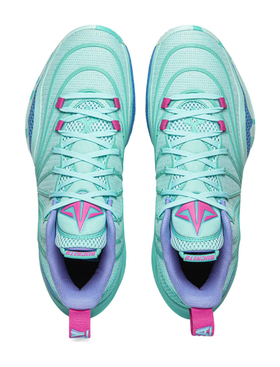Turquoise basketball shoe with mesh upper, pink laces and heel tab