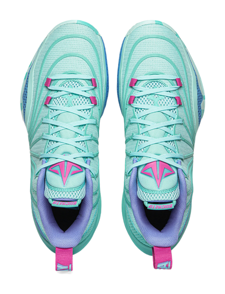 Turquoise basketball shoe with mesh upper, pink laces and heel tab