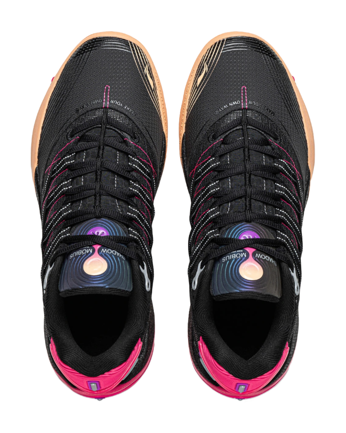 Pair of low basketball shoes showing black lace-up uppers with pink trim and gum soles.