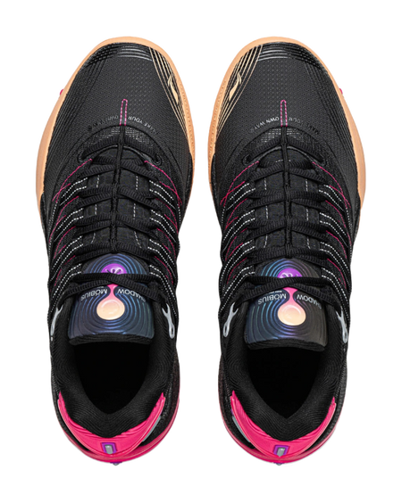 Pair of low basketball shoes showing black lace-up uppers with pink trim and gum soles.