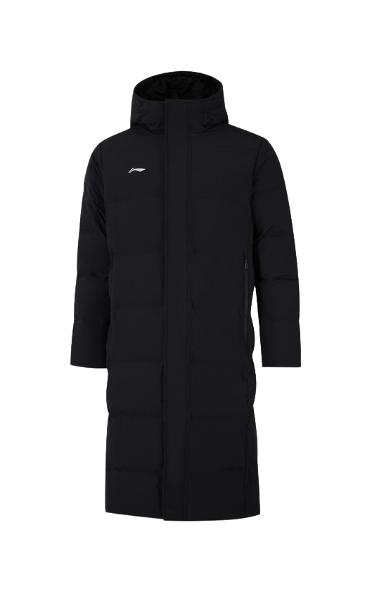 Black hooded puffer down jacket, full-length with zip front and insulated padding.