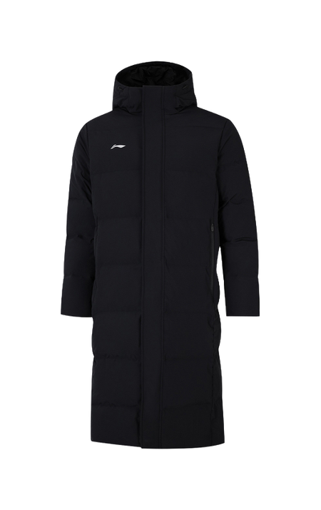 Black hooded puffer down jacket, full-length with zip front and insulated padding.