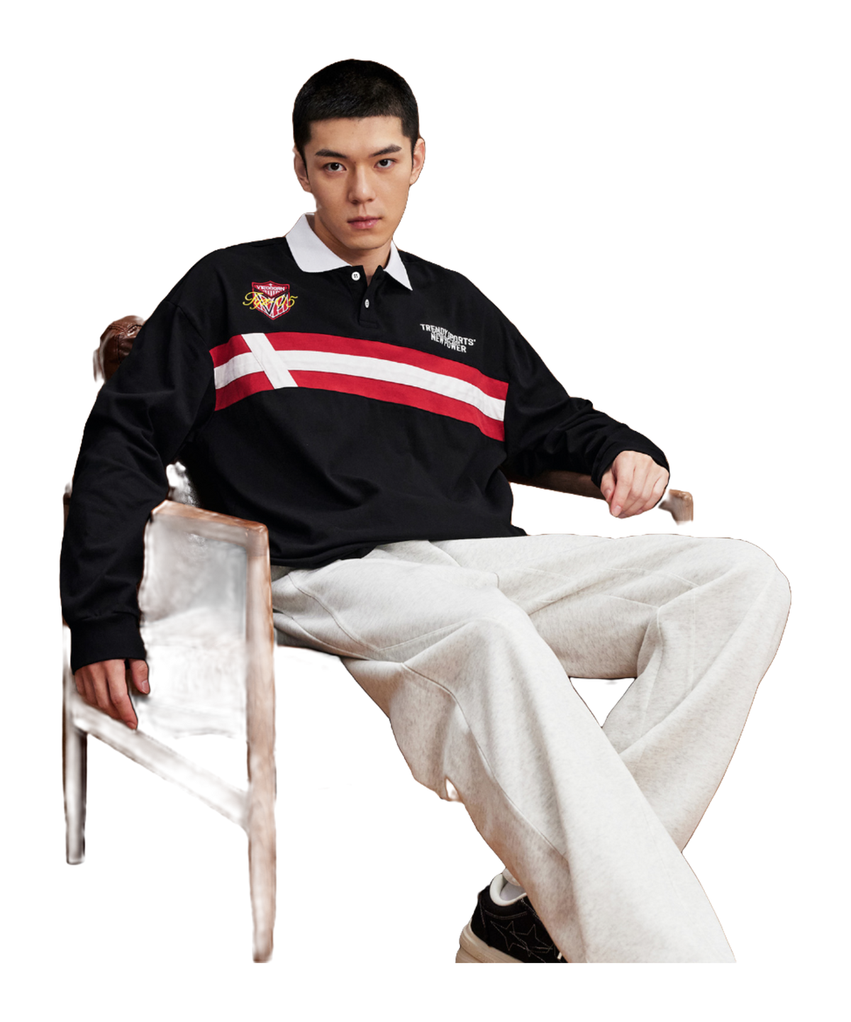 VEIDOORN American Retro Academy Trendy Stripe Splicing Loose Casual Sports Collar Long Sleeve Polo Sweater Cotton T-shirt Unisex  vjsneaker.com