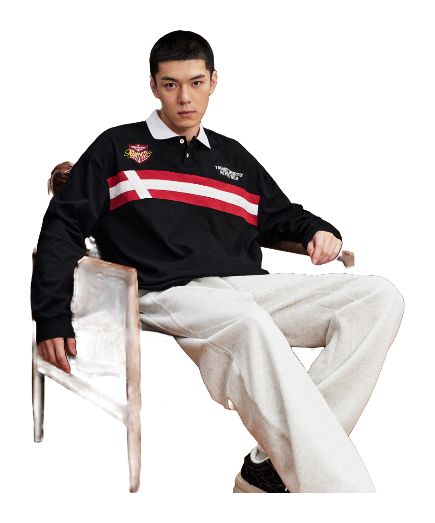 VEIDOORN American Retro Academy Trendy Stripe Splicing Loose Casual Sports Collar Long Sleeve Polo Sweater Cotton T-shirt Unisex  vjsneaker.com