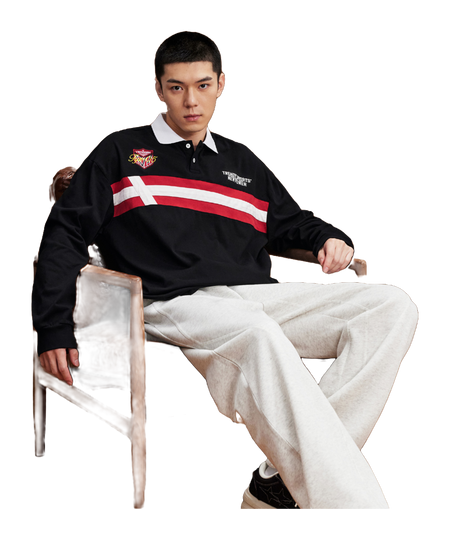 VEIDOORN American Retro Academy Trendy Stripe Splicing Loose Casual Sports Collar Long Sleeve Polo Sweater Cotton T-shirt Unisex  vjsneaker.com