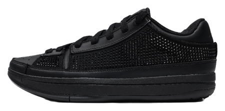 Black mesh basketball shoes with padded collar and lace-up front, side view.