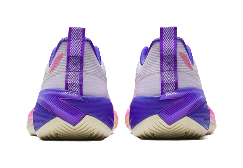 Misty purple and white basketball shoe heel view with purple strap detail