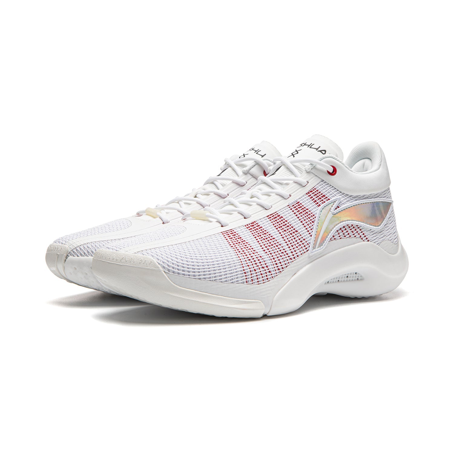 Men's basketball shoes, white lace-up with red grid stripe and colorful side panel