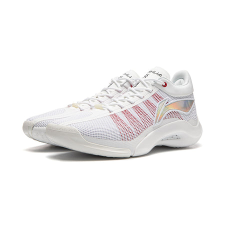 Men's basketball shoes, white lace-up with red grid stripe and colorful side panel