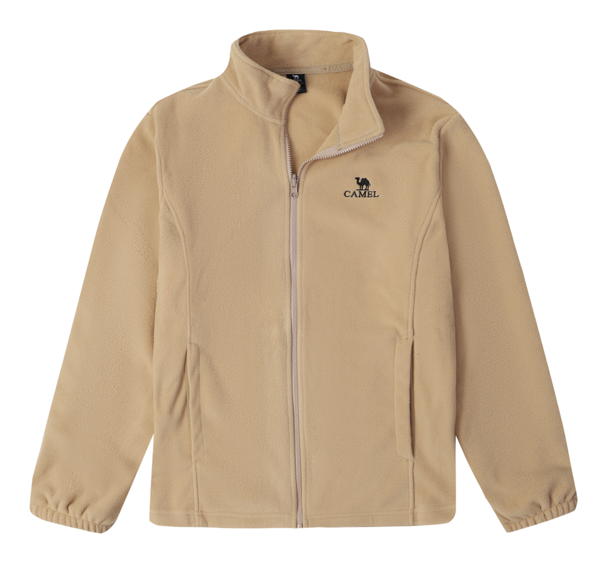 Tan zip-up fleece jacket with stand collar and Camel chest logo.