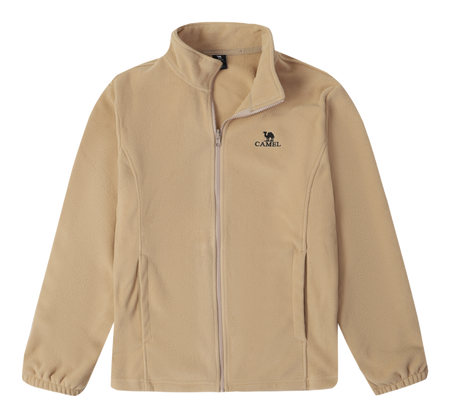 Tan zip-up fleece jacket with stand collar and Camel chest logo.