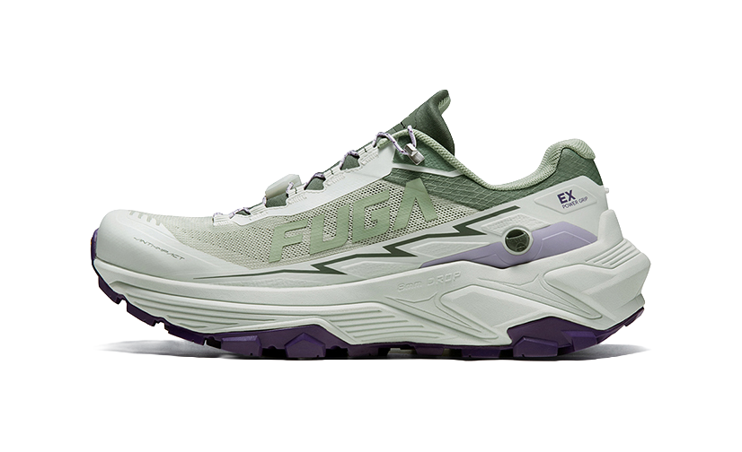 Women's trail running shoe, light green upper with lavender accents and purple outsole lugs