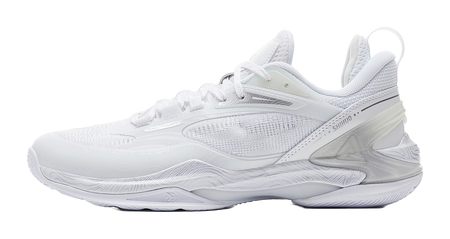 White and silver basketball shoe with mesh-knit upper, lace-up closure, and molded logo details