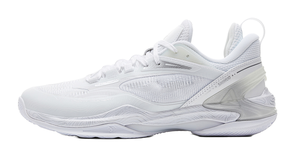 White and silver basketball shoe with mesh-knit upper, lace-up closure, and molded logo details