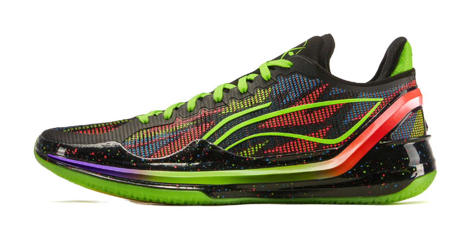 Forest green and black knit basketball shoe with neon green laces and red accents