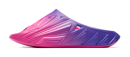 Unisex slide sandal with pink-to-purple gradient and molded logo side detail