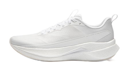 White running shoe with lace-up upper, textured panels, and thick cushioned sole