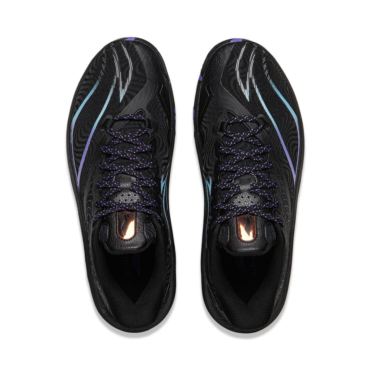 Pair of black basketball shoes, lace-up uppers with blue stripes and orange eyelets.