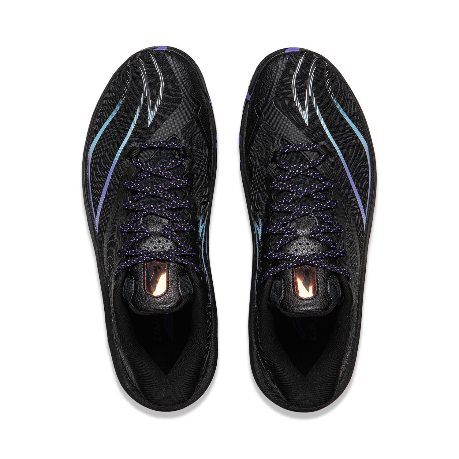 Pair of black basketball shoes, lace-up uppers with blue stripes and orange eyelets.