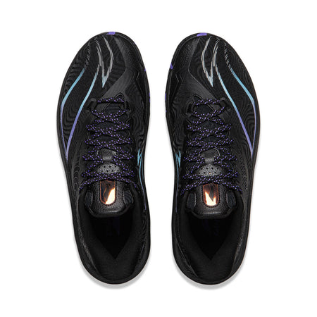 Pair of black basketball shoes, lace-up uppers with blue stripes and orange eyelets.