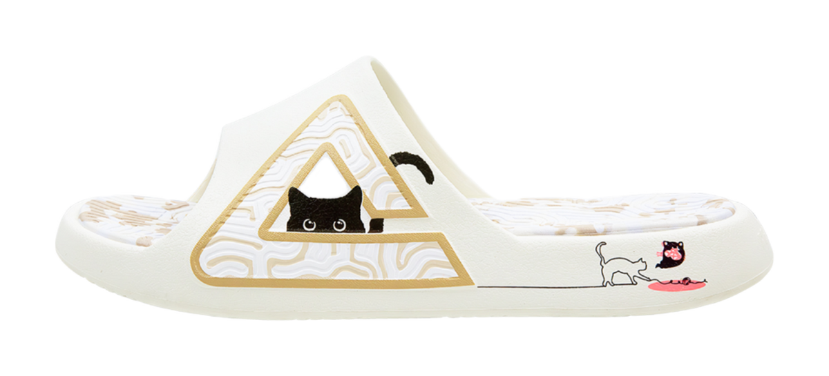 White slide sandal with triangular cat emblem and cat-and-red-mouse side print
