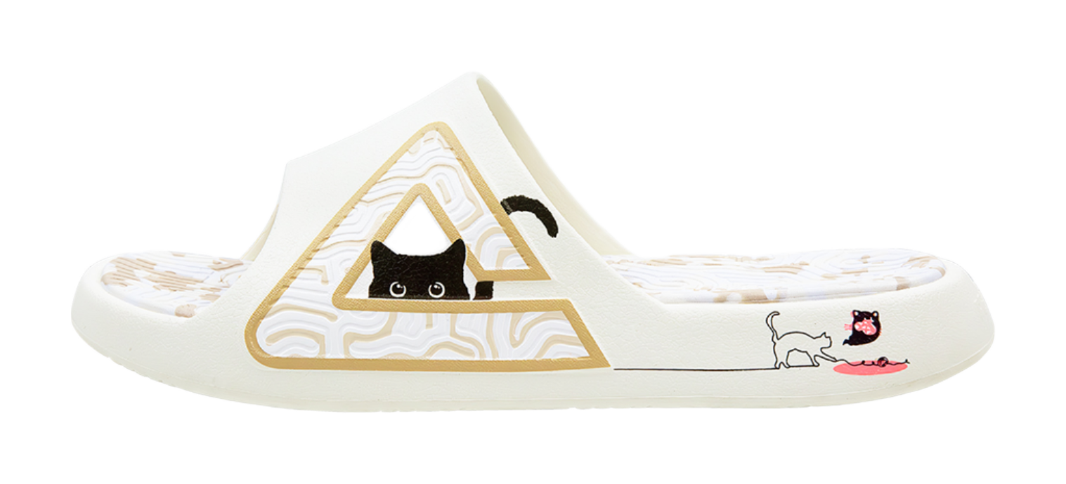 White slide sandal with triangular cat emblem and cat-and-red-mouse side print