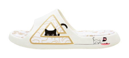 White slide sandal with triangular cat emblem and cat-and-red-mouse side print