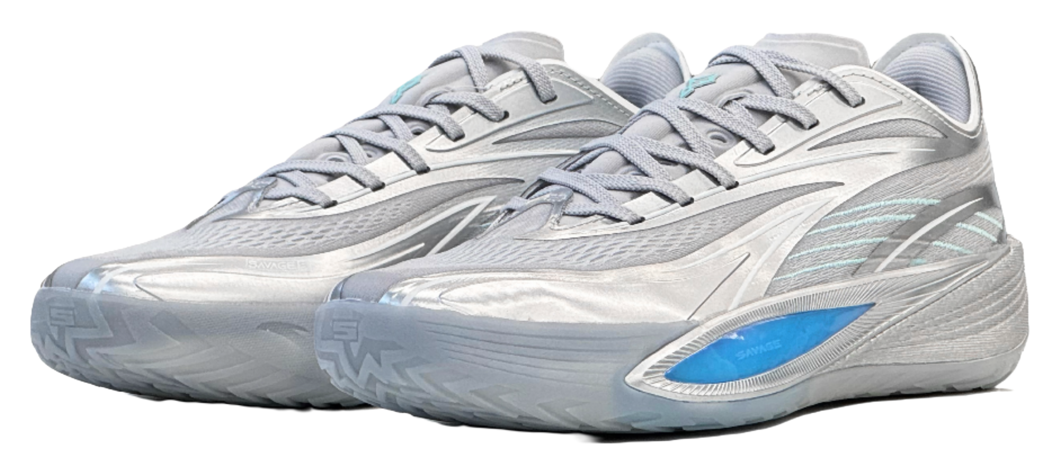Pair of silver low-top basketball shoes, side view, blue side stripe