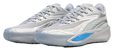 Pair of silver low-top basketball shoes, side view, blue side stripe