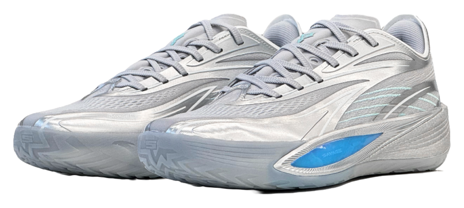 Pair of silver low-top basketball shoes, side view, blue side stripe