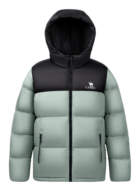 Unisex hooded down jacket in sage green and black color-block with full-zip front.
