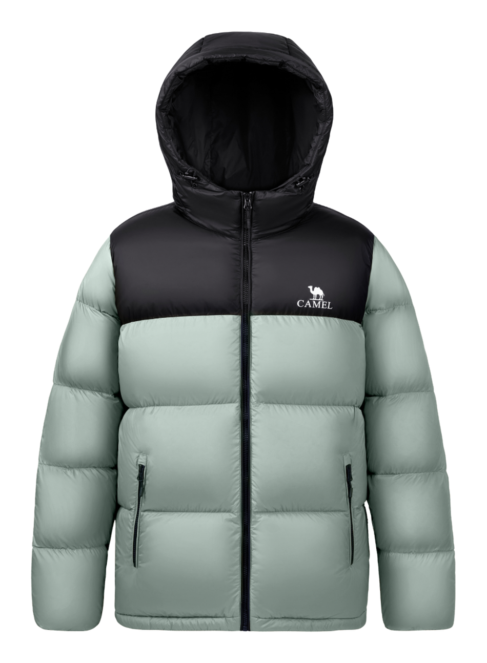 Unisex hooded down jacket in sage green and black color-block with full-zip front.