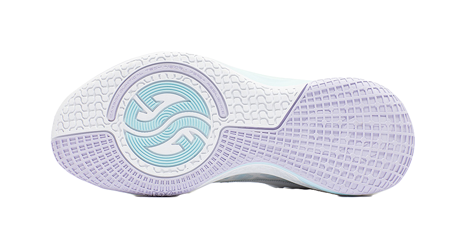 Unisex basketball shoe outsole, light purple tread with circular light blue grip pattern.