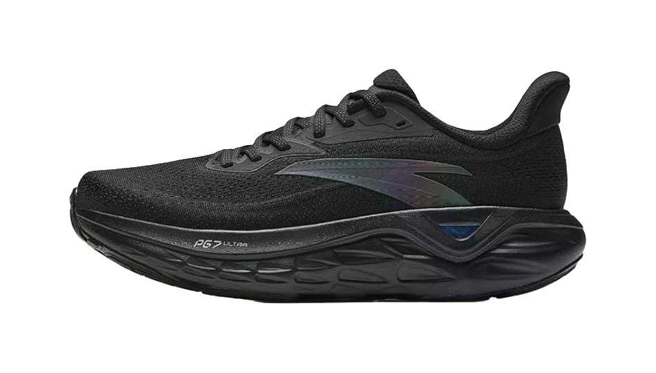 Men's low-top running shoes in dark gray/black with blue accent and white midsole