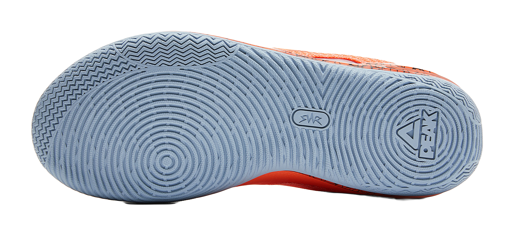 Light blue outsole of orange basketball shoe with tread and logo marks