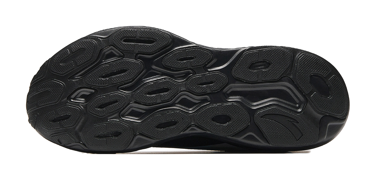 Men's low-top running shoe outsole, black rubber traction pattern