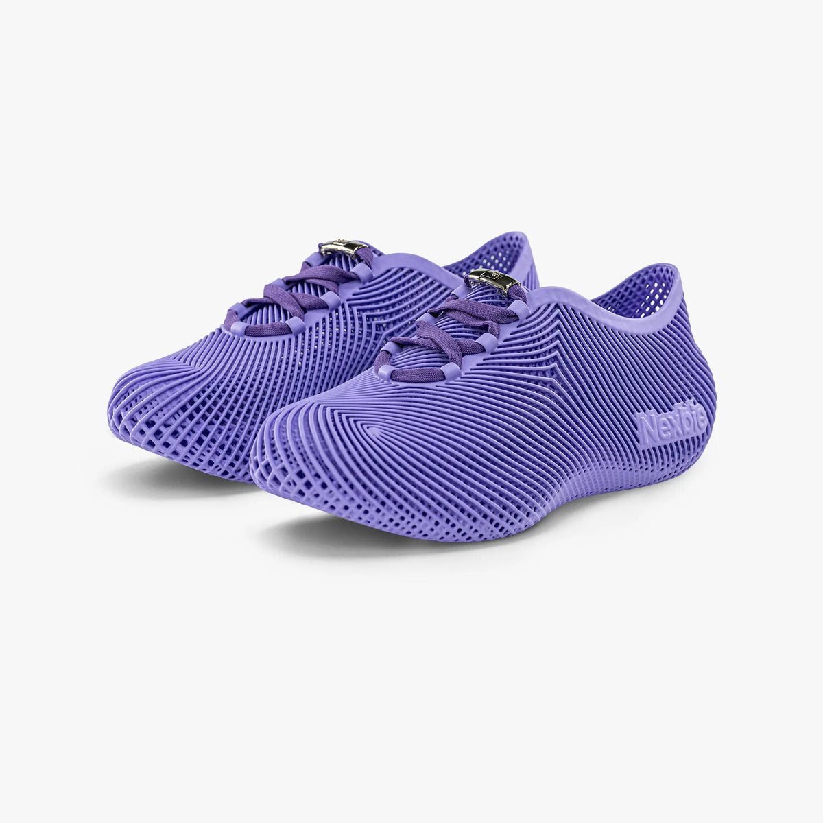 Purple 3D printed sneakers with lace-up vamp and textured sole pattern